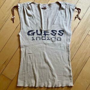 Vintage 2000s Guess Jeans Indigo Tank with a Plunge Neckline & Suede Bead Fringe